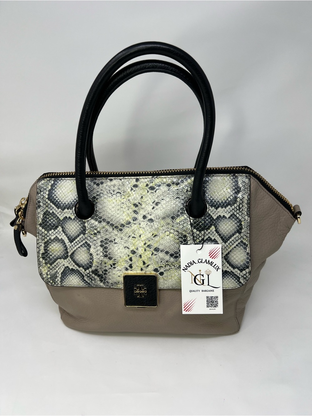 Tory Burch Taupe Satchel with Snake-Print Flap and Black Handles